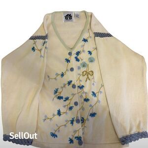 Storybook Knits Women's S Ivory Embroidered Cardigan Sweater Vintage